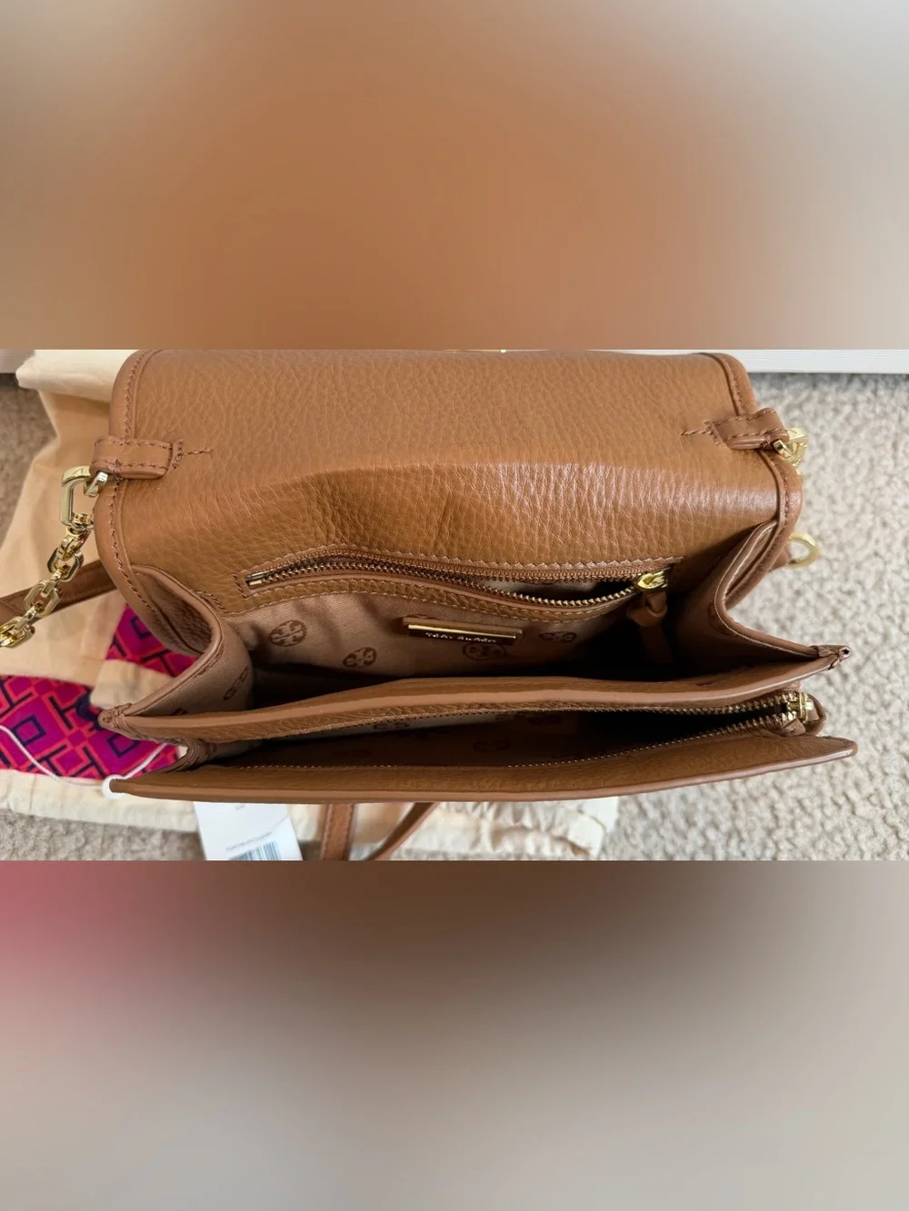 Tory Burch Caramel Tan Leather Crossbody with Gold Logo